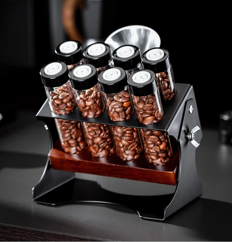 Coffee Bean Display Storage Set – Glass Canisters with Wooden Rack