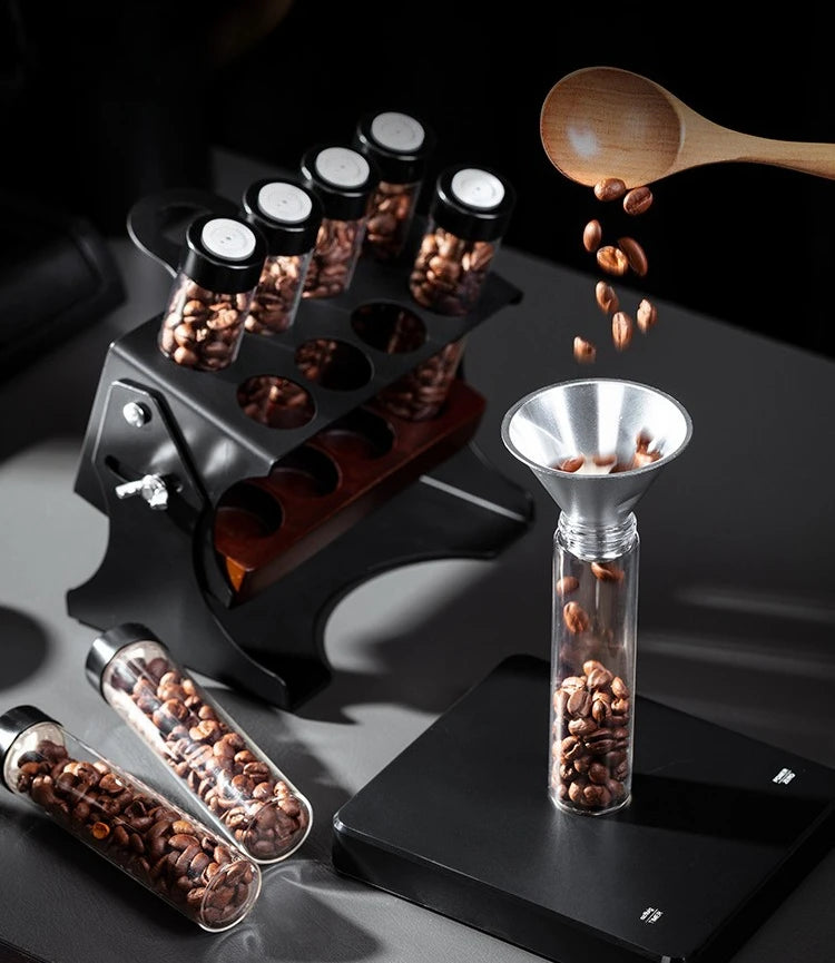 Coffee Bean Display Storage Set – Glass Canisters with Wooden Rack