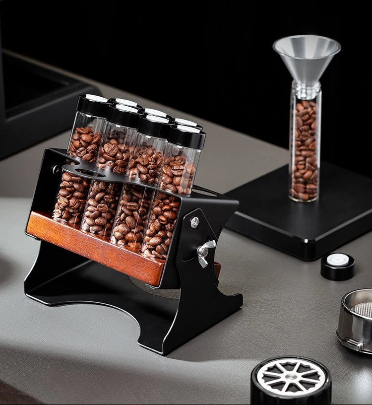 Coffee Bean Display Storage Set – Glass Canisters with Wooden Rack