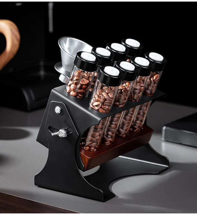 Coffee Bean Display Storage Set – Glass Canisters with Wooden Rack