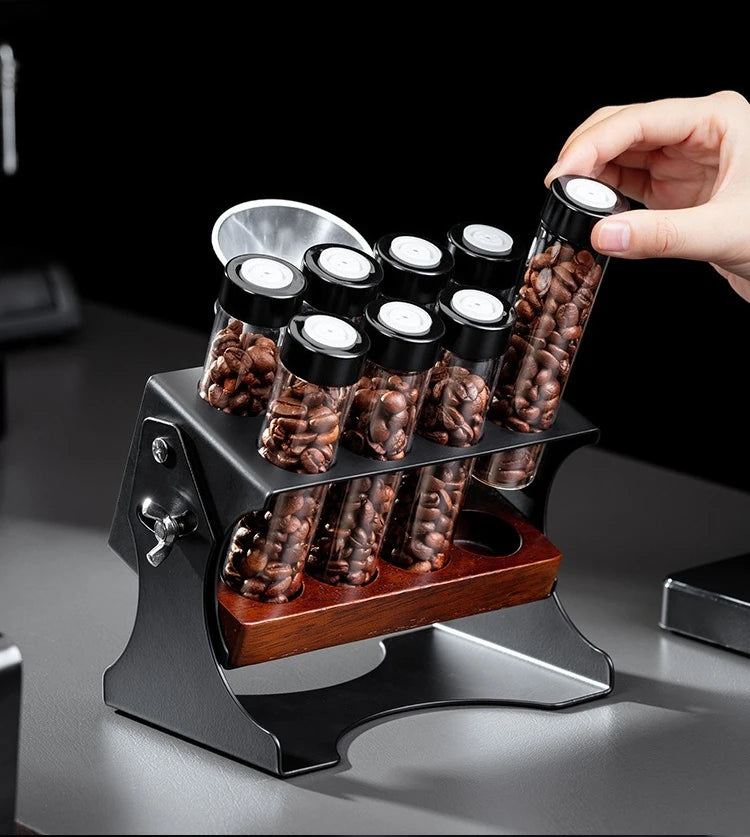 Coffee Bean Display Storage Set – Glass Canisters with Wooden Rack