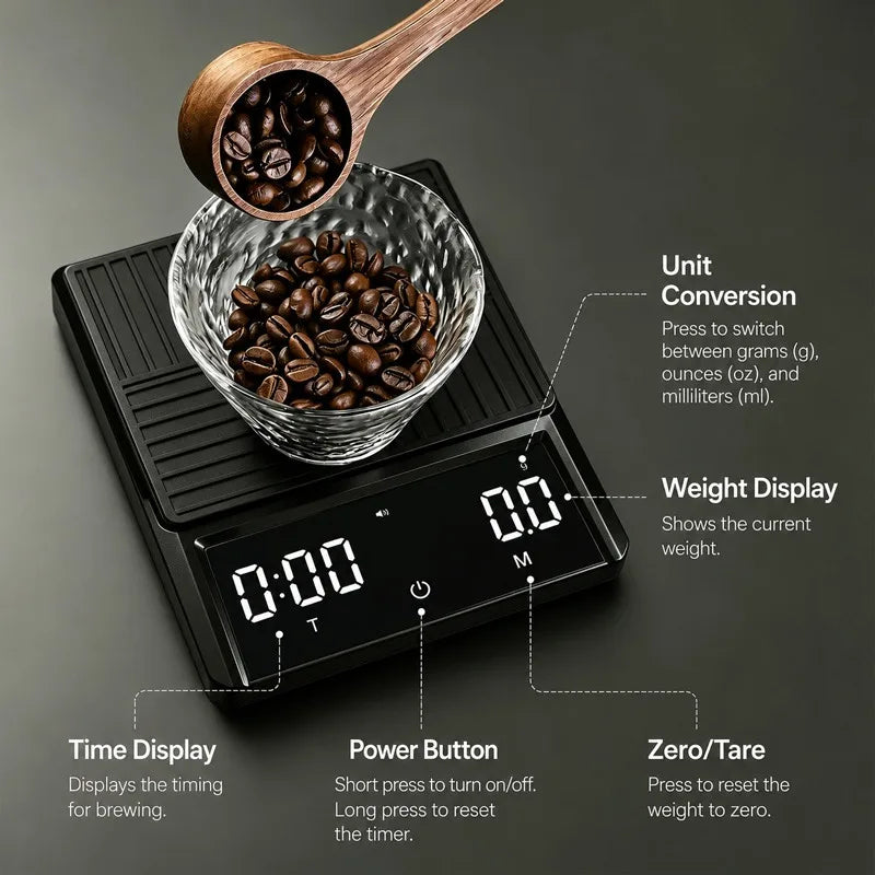 Digital Coffee Scale with Timer – 0.1g Precision Touchscreen Barista Scale