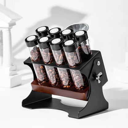 Coffee Bean Display Storage Set – Glass Canisters with Wooden Rack