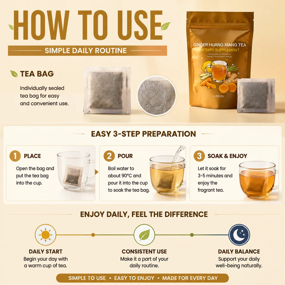 Ginger Turmeric Herbal Tea Bags with Lemon Flavor Botanical Blend