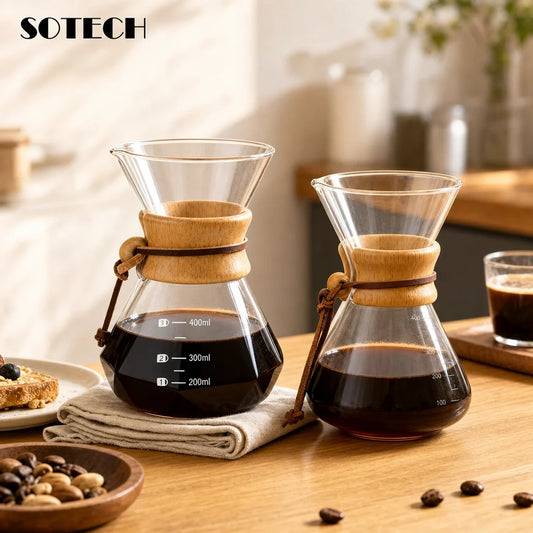 Heat-Resistant Glass Coffee Brewer – Pour-Over Drip Pot with Wooden Handle