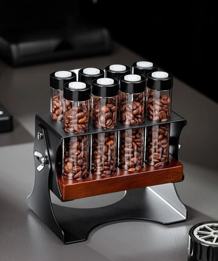 Coffee Bean Display Storage Set – Glass Canisters with Wooden Rack